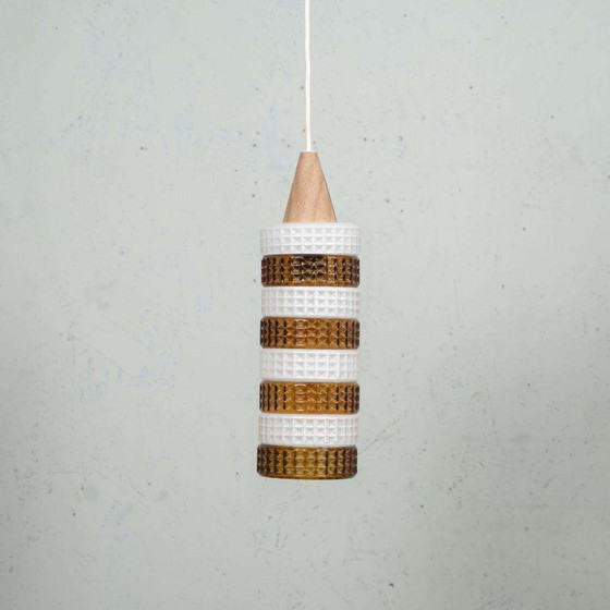 Image 1 of Lampada a sospensione in vetro vintage, cilindro in vetro ambrato, pendente in vetro