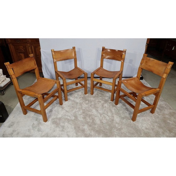 Image 1 of Set of 4 vintage chairs in solid elmwood and leather by Maison Regain, 1960