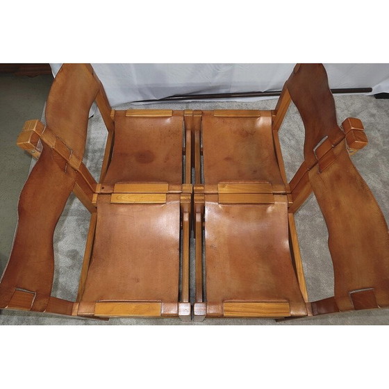 Image 1 of Set of 4 vintage chairs in solid elmwood and leather by Maison Regain, 1960