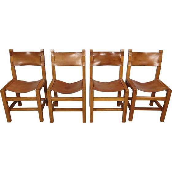 Image 1 of Set of 4 vintage chairs in solid elmwood and leather by Maison Regain, 1960