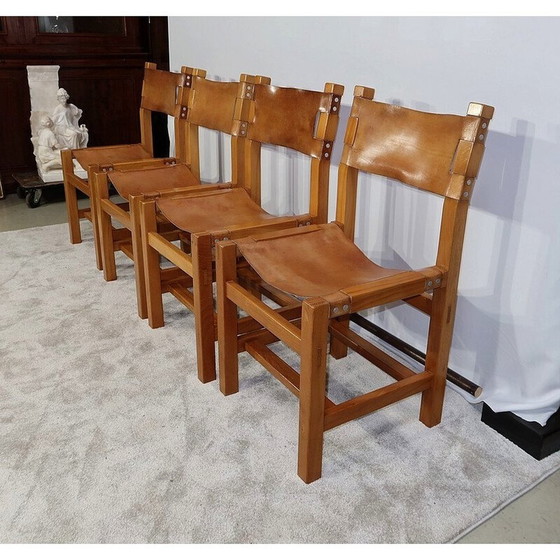 Image 1 of Set of 4 vintage chairs in solid elmwood and leather by Maison Regain, 1960