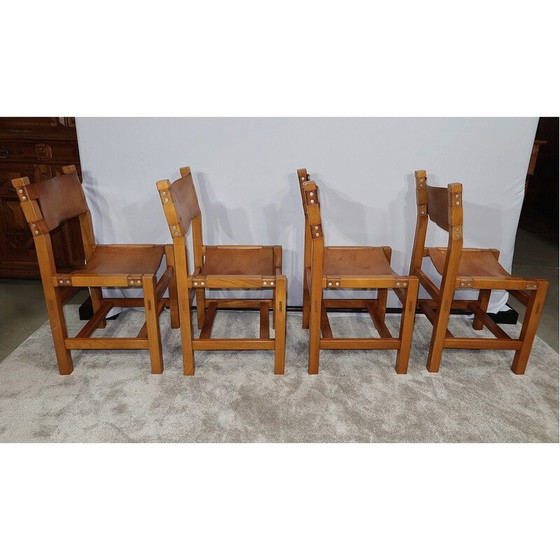 Image 1 of Set of 4 vintage chairs in solid elmwood and leather by Maison Regain, 1960