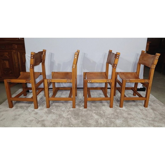 Image 1 of Set of 4 vintage chairs in solid elmwood and leather by Maison Regain, 1960