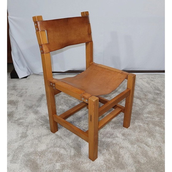 Image 1 of Set of 4 vintage chairs in solid elmwood and leather by Maison Regain, 1960