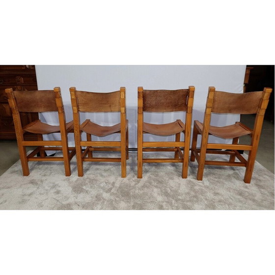Image 1 of Set of 4 vintage chairs in solid elmwood and leather by Maison Regain, 1960