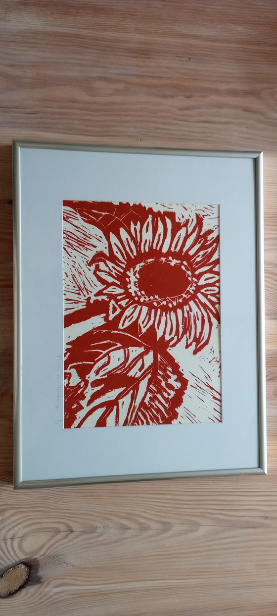 Image 1 of Tineke Van Steenbergen Linocut Sunflowers