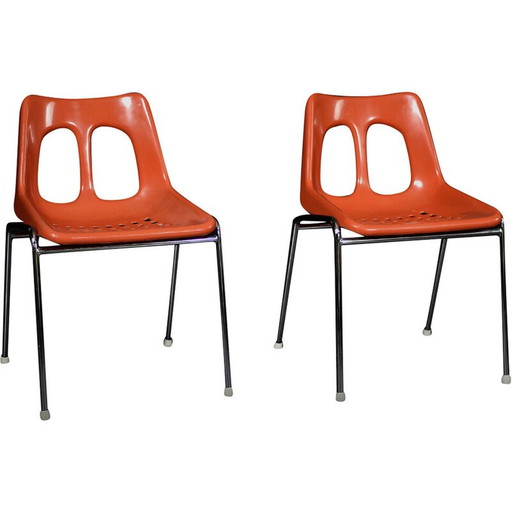 Coppia di sedie vintage in plastica arancione e cromo per Plasson, 1960
