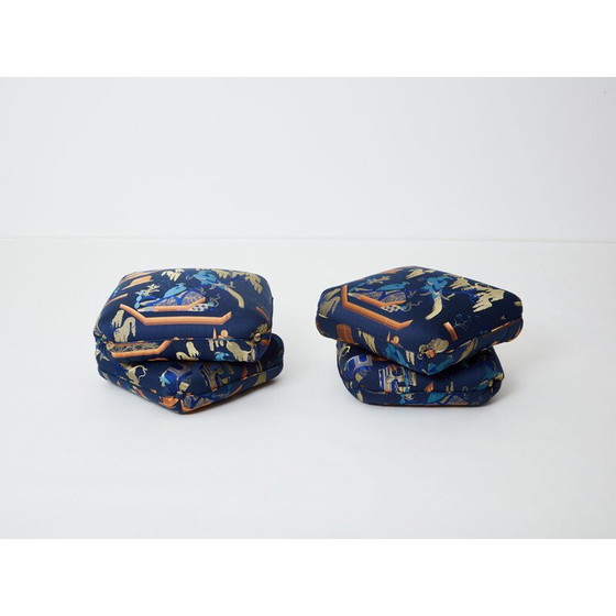 Image 1 of Pair of vintage poufs in royal blue jacquard fabric by Jacques Charpentier for Maison Jansen, 1970