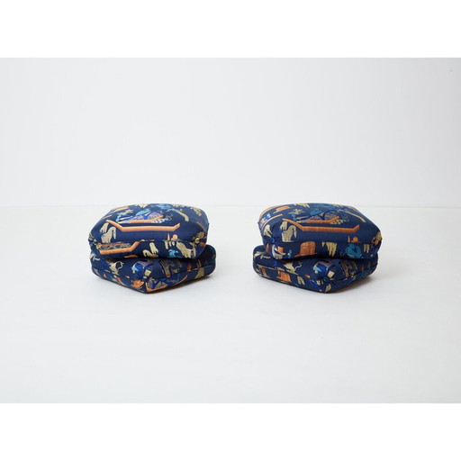 Pair of vintage poufs in royal blue jacquard fabric by Jacques Charpentier for Maison Jansen, 1970