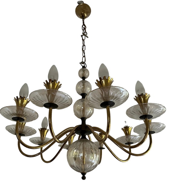 Image 1 of 1x lampadario vintage in ottone e vetro bordato di Lightolier