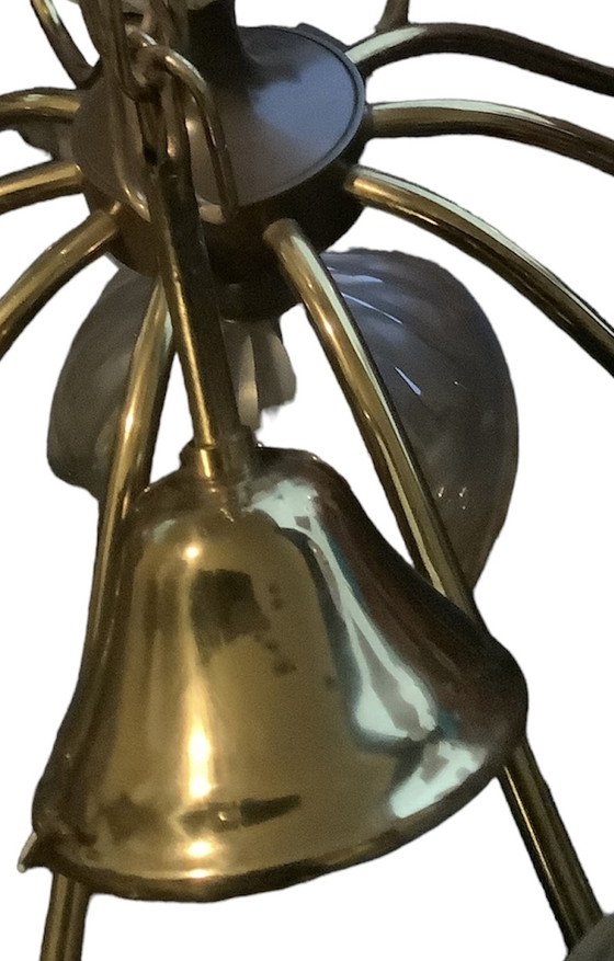 Image 1 of 1x lampadario vintage in ottone e vetro bordato di Lightolier