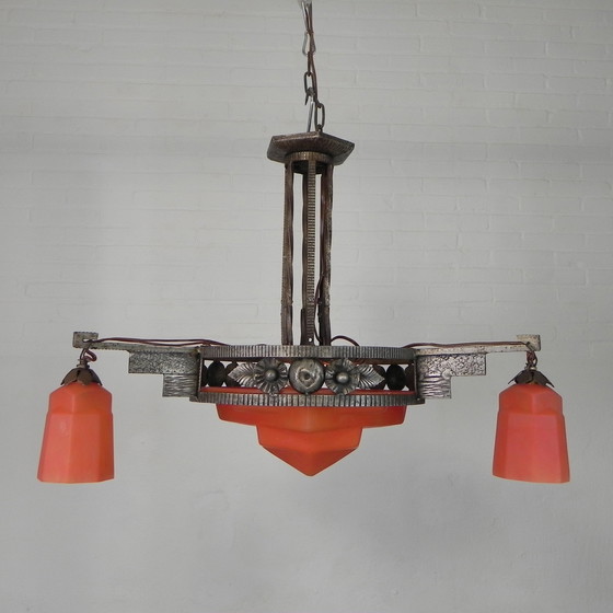 Image 1 of Art Deco Pendant Lamp With Glass Bowl And 3 Chalices, 1930s