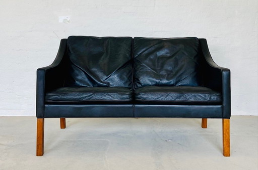 Danish Vintage Mid-Century Børge Mogensen Black Leather 2 Seater Sofa 1960S