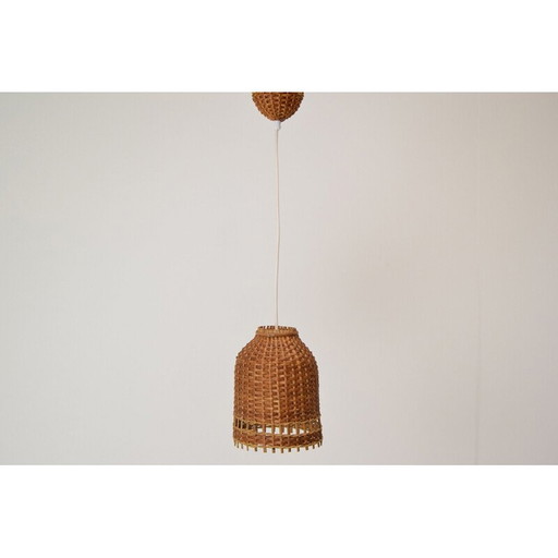 Vintage wicker and wood hanging lamp by Uluv, Czechoslovakia 1960