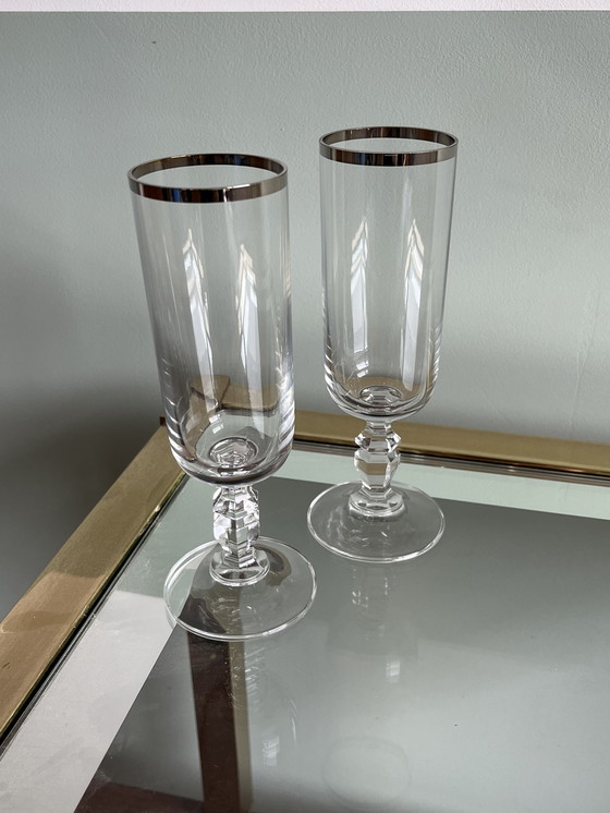 Image 1 of 2x crystal wine glass with silver chrome rim