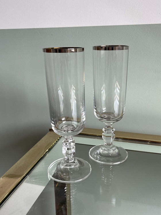 Image 1 of 2x crystal wine glass with silver chrome rim