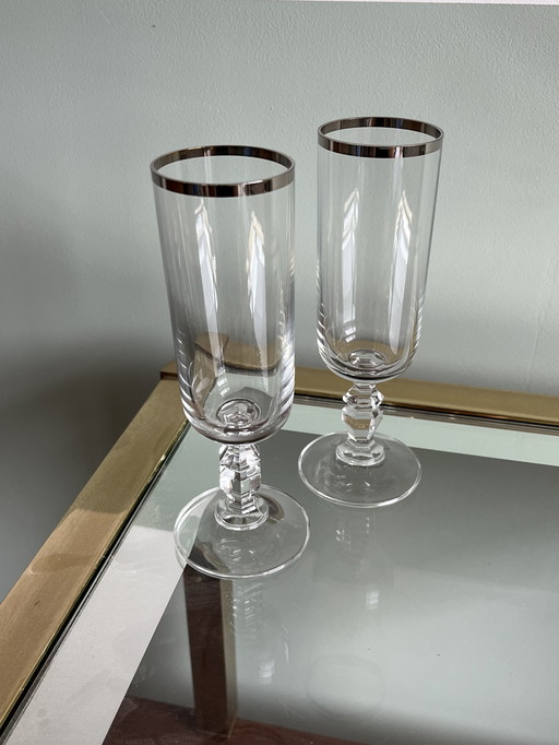 2x crystal wine glass with silver chrome rim