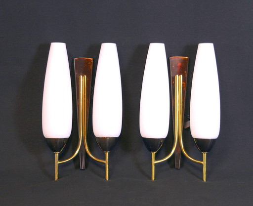  Pair Of Double Wall Lights In Brass And Opaline, Maison Arlus, France, Mid-Century