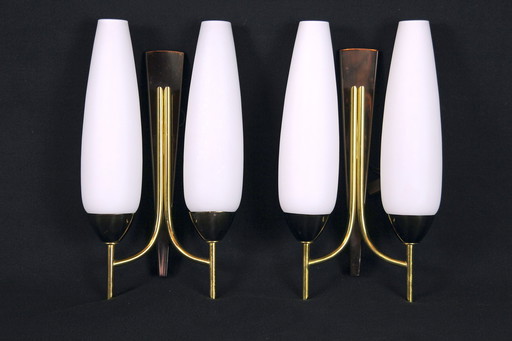  Pair Of Double Wall Lights In Brass And Opaline, Maison Arlus, France, Mid-Century