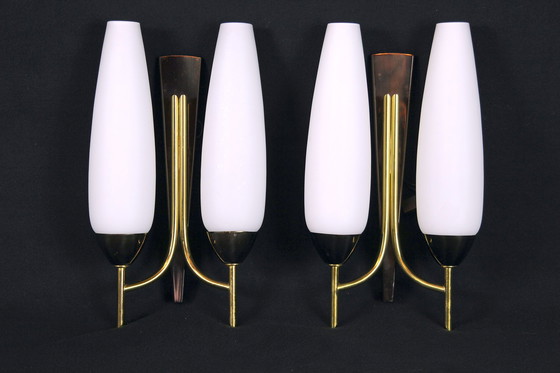 Image 1 of  Pair Of Double Wall Lights In Brass And Opaline, Maison Arlus, France, Mid-Century