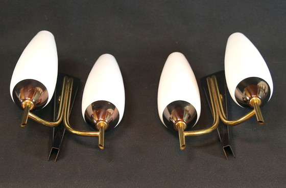 Image 1 of  Pair Of Double Wall Lights In Brass And Opaline, Maison Arlus, France, Mid-Century