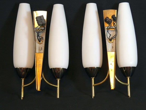 Image 1 of  Pair Of Double Wall Lights In Brass And Opaline, Maison Arlus, France, Mid-Century