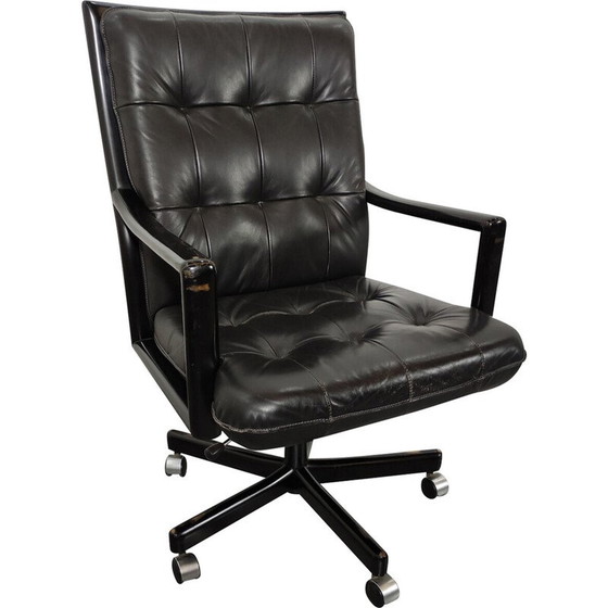 Image 1 of Vintage office armchair in black leather and black lacquered wood for Lübke, Germany 1980