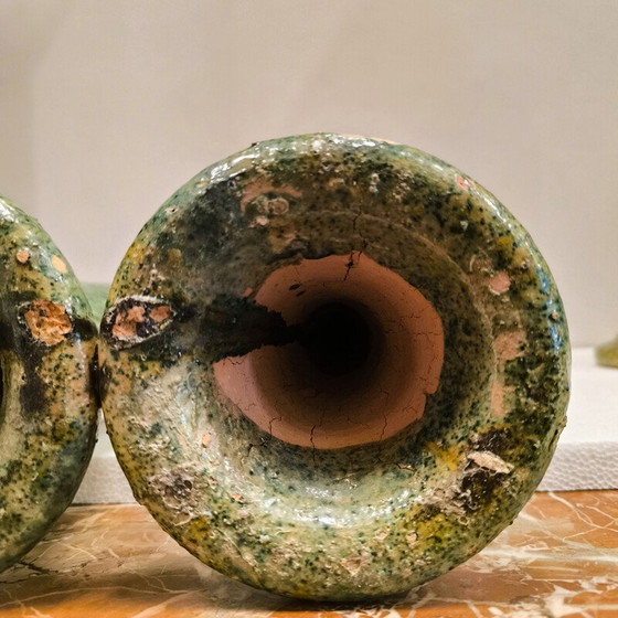 Image 1 of Pair of vintage green enameled ceramic candlesticks, Morocco
