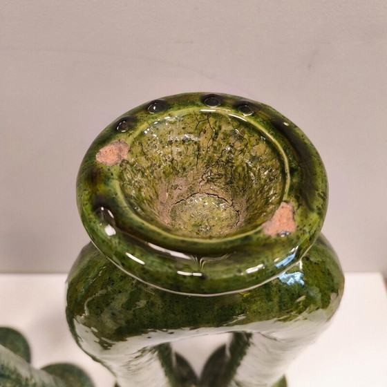 Image 1 of Pair of vintage green enameled ceramic candlesticks, Morocco