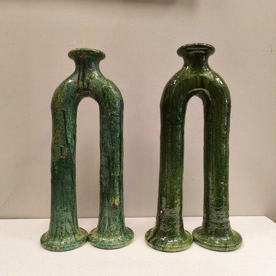 Image 1 of Pair of vintage green enameled ceramic candlesticks, Morocco