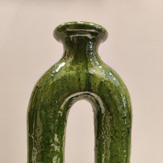 Image 1 of Pair of vintage green enameled ceramic candlesticks, Morocco