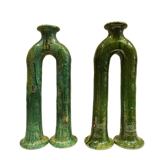 Image 1 of Pair of vintage green enameled ceramic candlesticks, Morocco