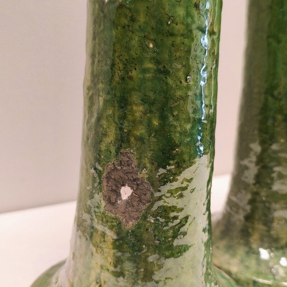 Image 1 of Pair of vintage green enameled ceramic candlesticks, Morocco