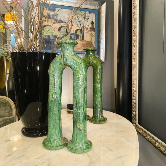 Image 1 of Pair of vintage green enameled ceramic candlesticks, Morocco