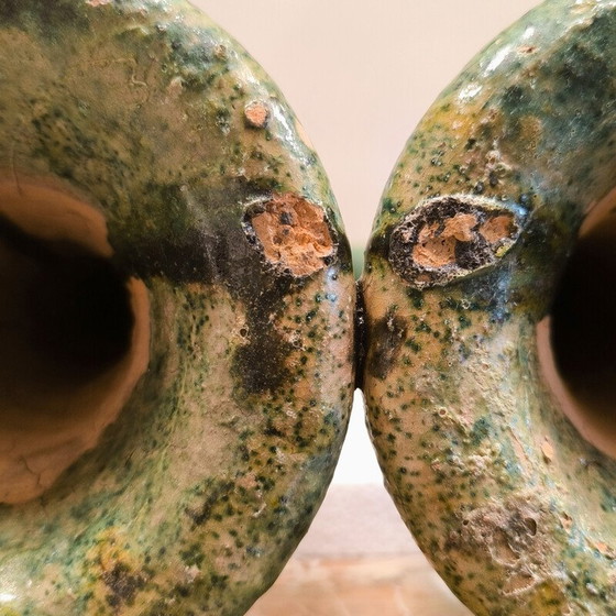 Image 1 of Pair of vintage green enameled ceramic candlesticks, Morocco