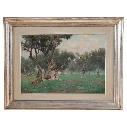 Italian Antique Oil Painting on Canvas, Olive Grove Landscape