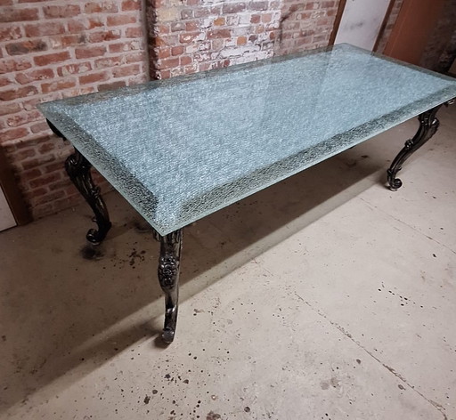 Baroque table with new laminated and crackled glass top