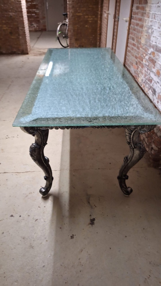 Image 1 of Baroque table with new laminated and crackled glass top