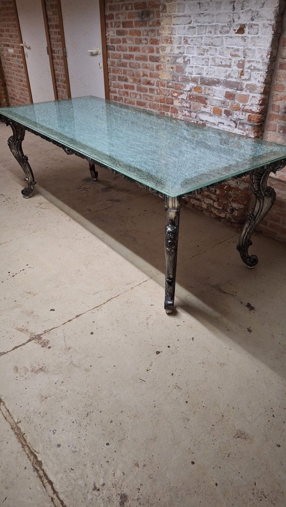 Image 1 of Baroque table with new laminated and crackled glass top