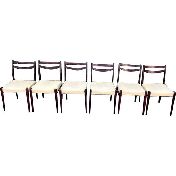 Image 1 of Set of 6 vintage Scandinavian chairs with pale yellow Skaï seats
