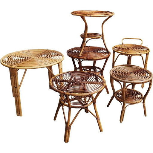 Set of 6 vintage wicker tables by Bonacina, 1950