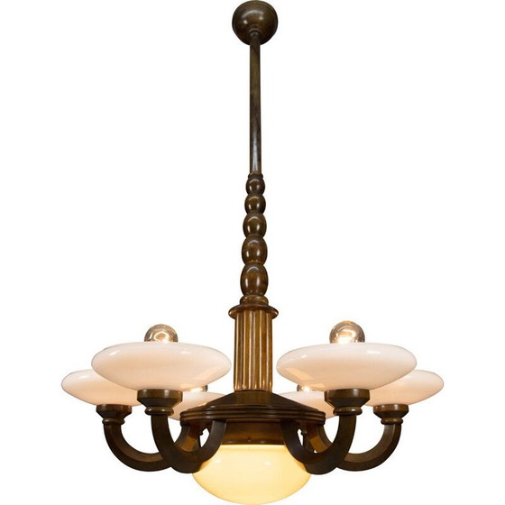 Image 1 of Lampadario vintage in legno e vetro art déco, 1930