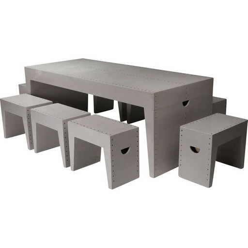 Vintage school table and stools in pine wood by Bossche Dom Hans van der Laan and Jan de Jong, Netherlands 1960