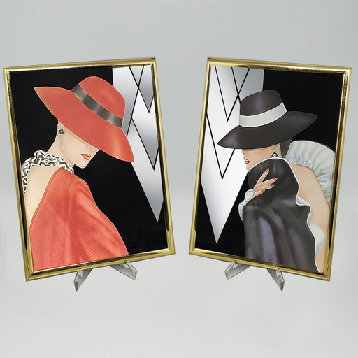 980S Pair Of Framed Prints "Glam Girl" By Ferraro. 