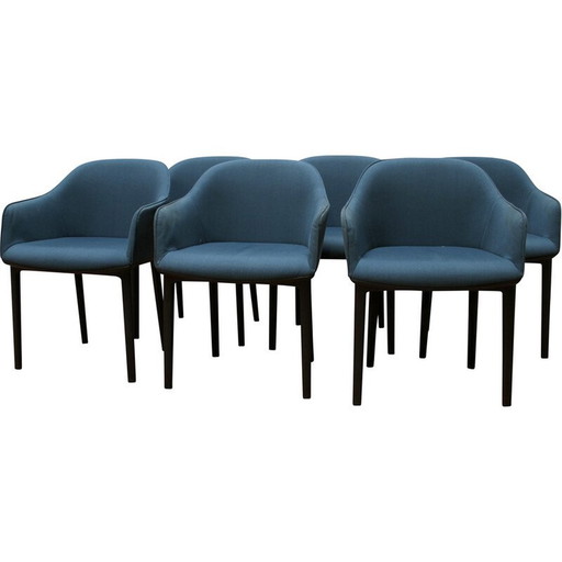 Set of 6 Softshell armchairs in black plastic and blue fabric by Ronan and Erwan Bouroullec for Vitra