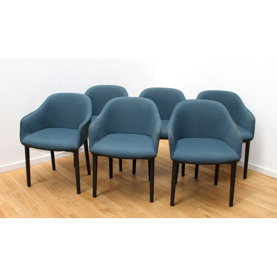 Image 1 of Set of 6 Softshell armchairs in black plastic and blue fabric by Ronan and Erwan Bouroullec for Vitra