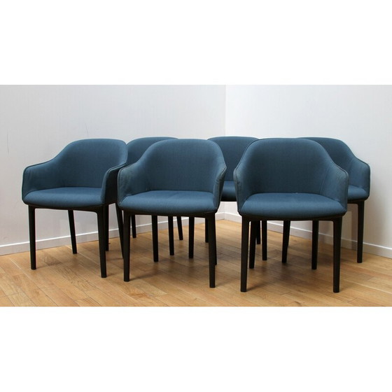 Image 1 of Set of 6 Softshell armchairs in black plastic and blue fabric by Ronan and Erwan Bouroullec for Vitra