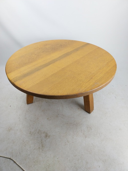 1 X Round Brutalist Coffee Table In Light Oak 1970'S .