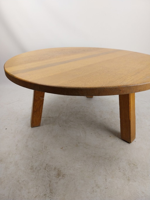 1 X Round Brutalist Coffee Table In Light Oak 1970'S .