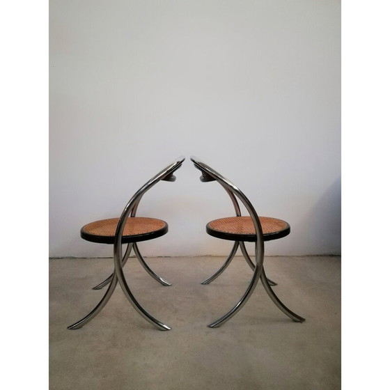Image 1 of Set di 4 sedie da pranzo vintage in acciaio cromato e paglia di Vienna, Italia anni '70